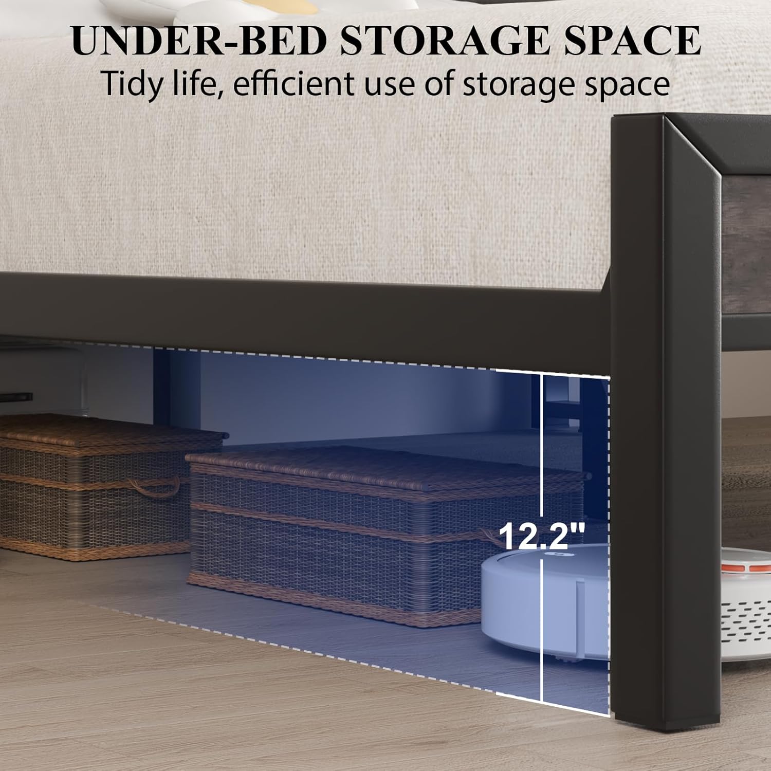 LOEWAY King Size Platform Bed with 2-Tier Storage Headboard, Metal Bed Frame with Charging Station & LED Light, Heavy Duty Metal Slats, No Box Spring Need, Noise Free, Grey