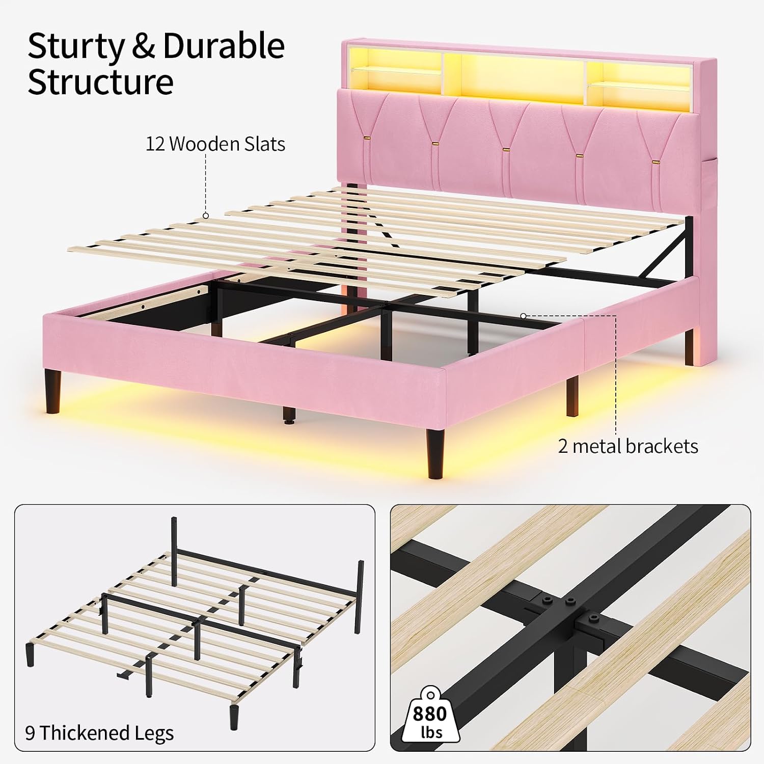 HAUOMS Full Size Bed Frames with Storage Headboard,Power Outlet, Modern Velvet Upholstered Platform Bed LED Bed Frame with 5 Storage Shelves, No Box Spring Needed, Pink