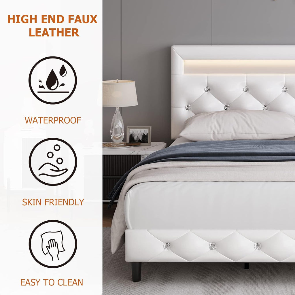 Keyluv Modern Upholstered Full Size Bed Frame with LED Lights, Faux Leather Low Profile Platform Bed Frame, Adjustable Crystal Button Tufted Headboard, Strong Wood Slat Support, Easy Assembly, White