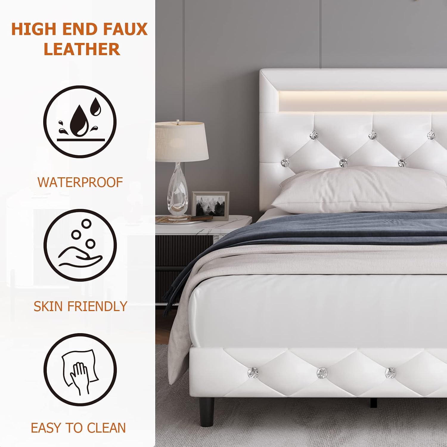 Keyluv Modern Upholstered Full Size Bed Frame with LED Lights, Faux Leather Low Profile Platform Bed Frame, Adjustable Crystal Button Tufted Headboard, Strong Wood Slat Support, Easy Assembly, White