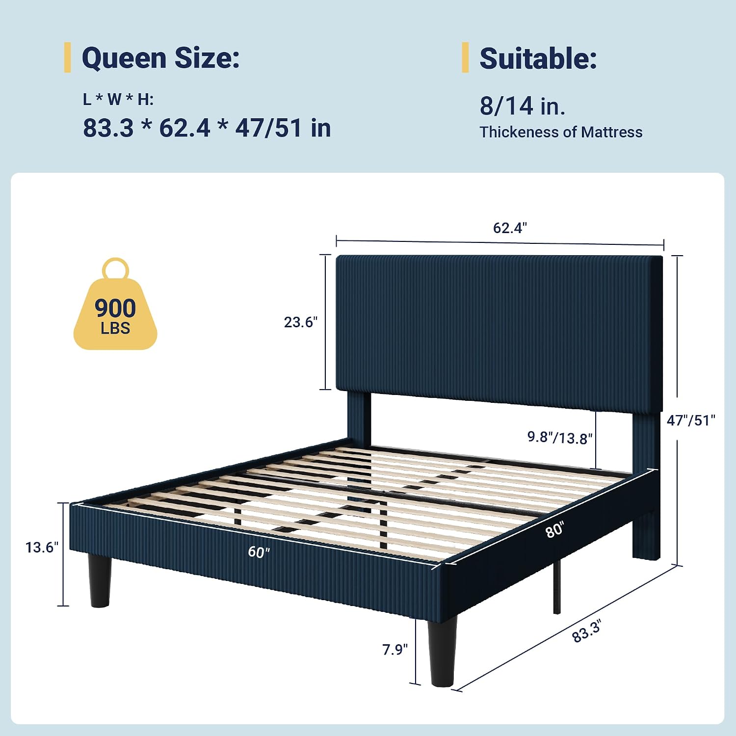 Allewie Queen Size Upholstered Bed Frame with Vertical Channel Tufted Headboard, Soft Corduroy Fabric Platform Bed, Strong Wooden Slats Support, Easy Assembly, No Box Spring Needed, Dark Blue