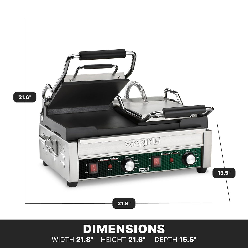 Waring Commercial Panini Press, Double Flat Cast Iron Plates, 17' x 9.25' Cooking Surface, 570°F Adjustable Thermostat, for Sandwiches up to 3' Thick, Professional Kitchen Grill, 240V, WFG300
