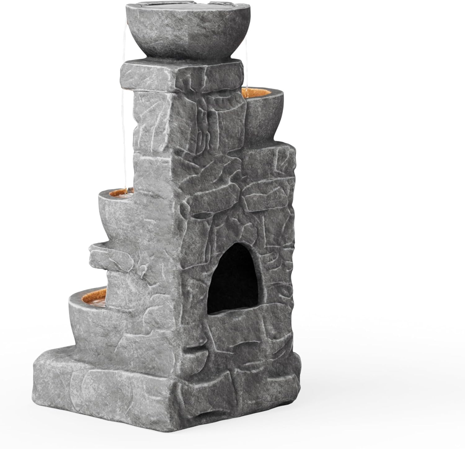 Teamson Home 33' Outdoor Water Fountain with LED Lights, 3-Tier Cascading Bowls, Weather-Resistant Resin Garden Water Feature for Patio, Lawn, and Backyard Decor – Stone Gray