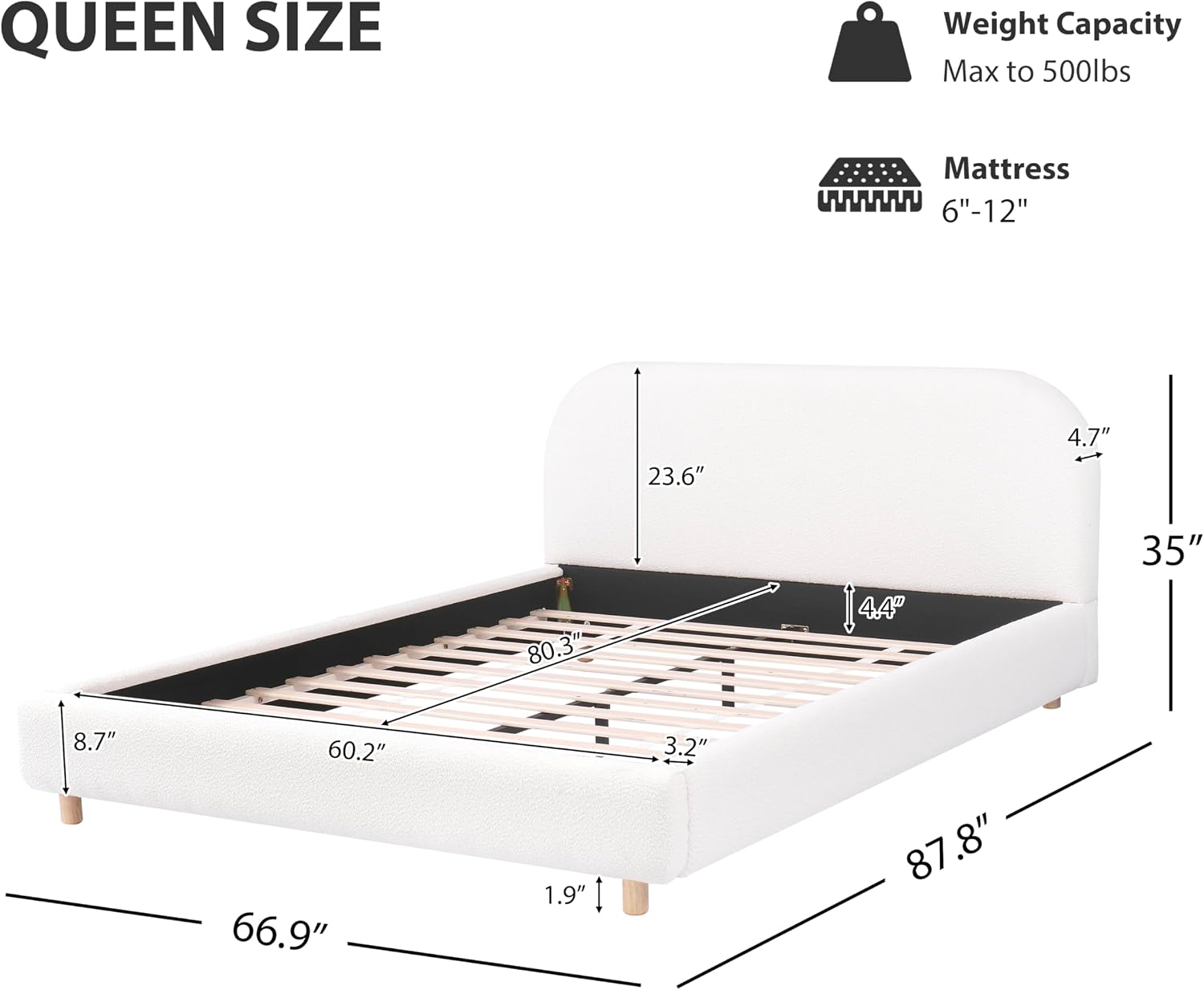 JIVOIT Queen Size Platform Bed with Curve-Shaped Design Headboard, Boucle Fabric Upholstered Platform Bed with Strong Support, Modern Bed Frame, No Box Spring Needed, Easy Assembly (White,Queen,8)