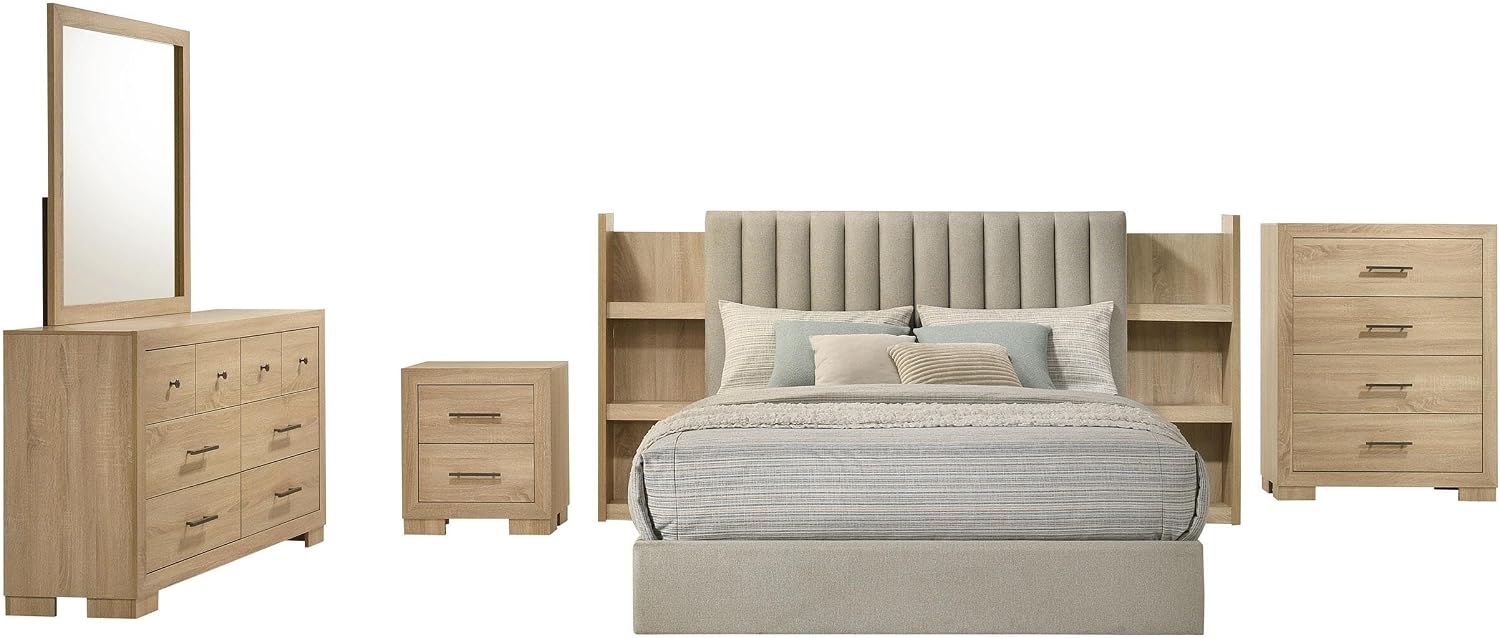 Coaster Home Furnishings - Arielle - Wood - 5-Piece Bedroom Set with Storage Bed, Tufted Headboard, Bookcase Panels and Transitional Style - Bedroom - Eastern King Size - Light Oak - 223111KE-S5