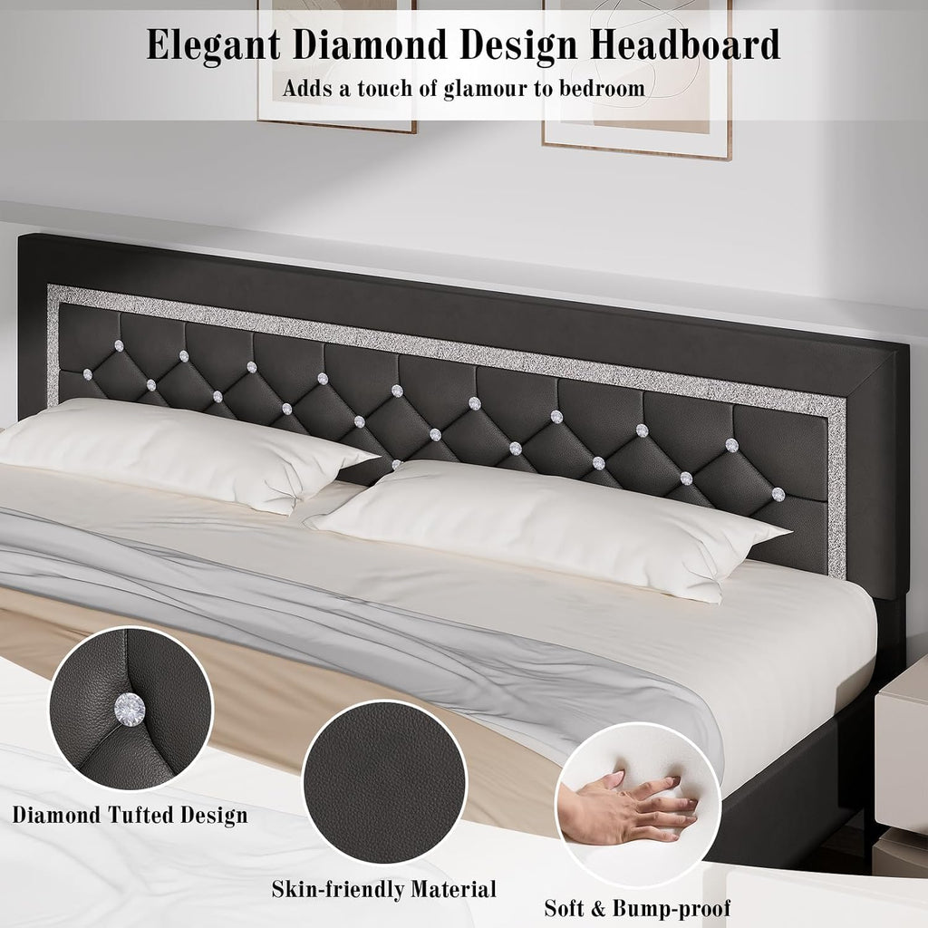BarnFurin King Bed Frame with Diamond Tufted Headboard, Faux Leather Upholstered Bed with Wooden Slats Support, No Box Spring Needed, Mattress Foundation, Easy Assembly, Gray