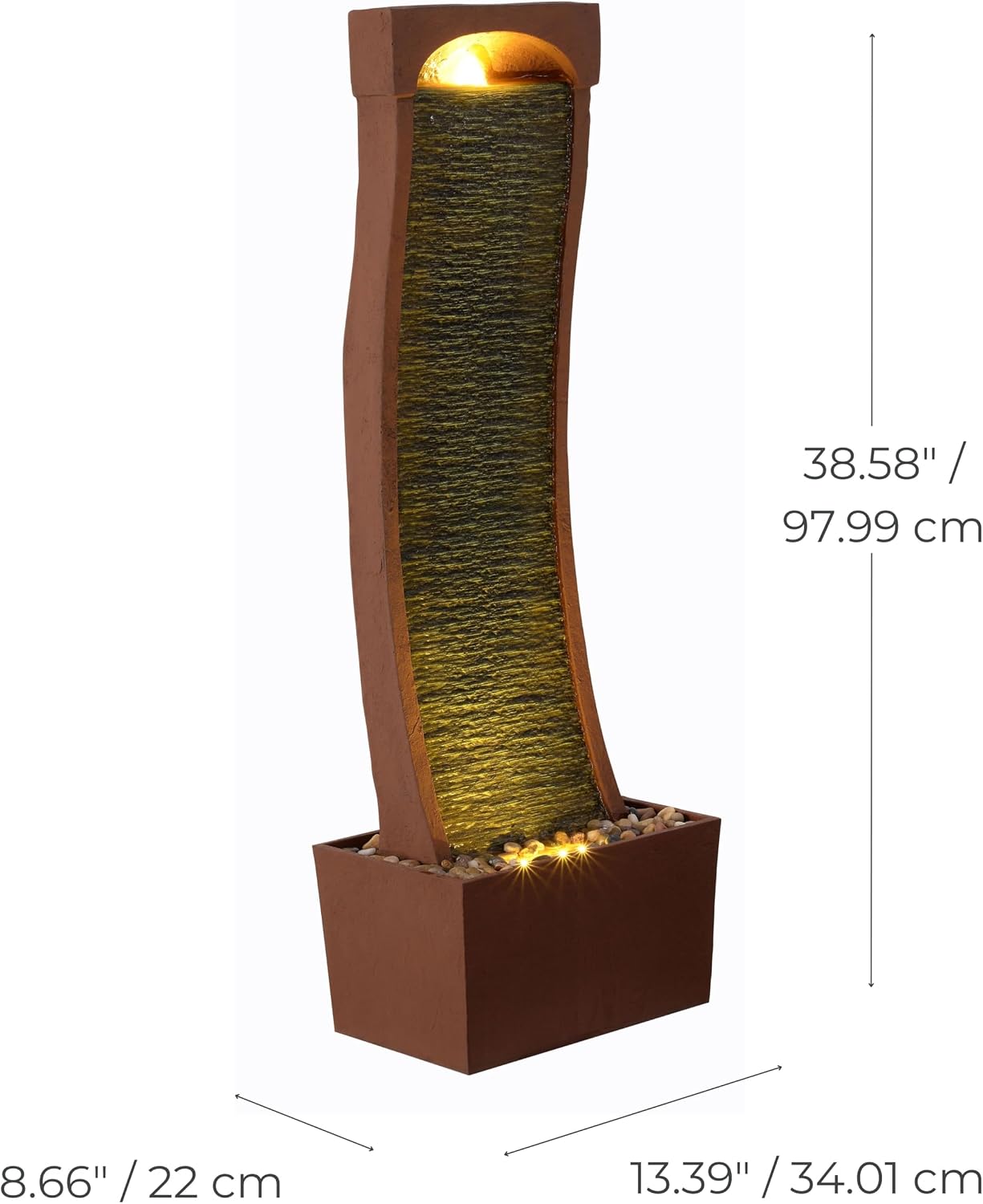 Teamson Home 38.5' Indoor/Outdoor Modern Curved Faux Slate Waterfall Fountain with LED Lights, Red Rock