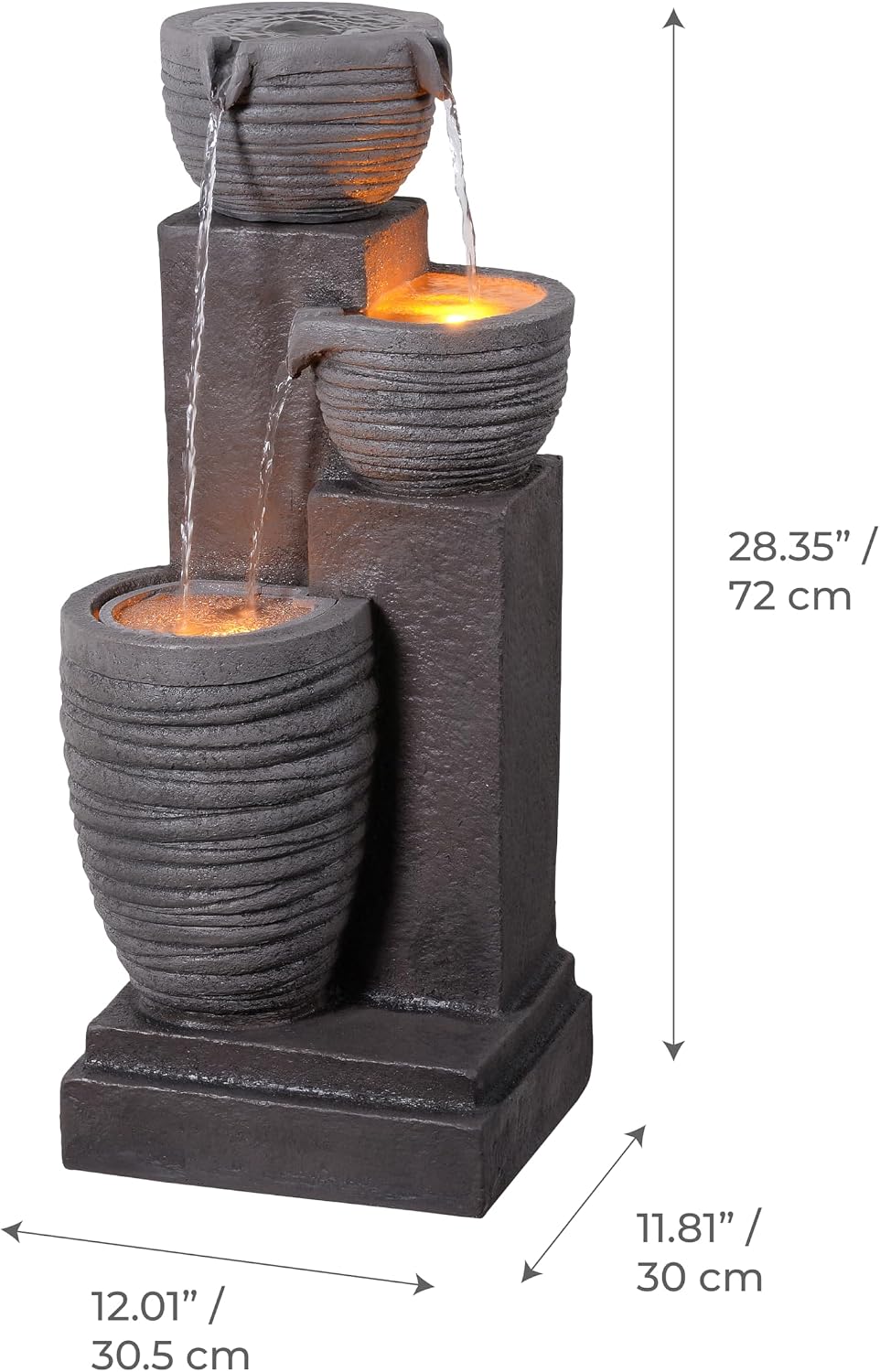 Teamson Home Horizontal Ribbed Pattern Outdoor Water Fountain–Warm Glow Lighting with Adjustable Flow & Electric Pump, Warm Gray