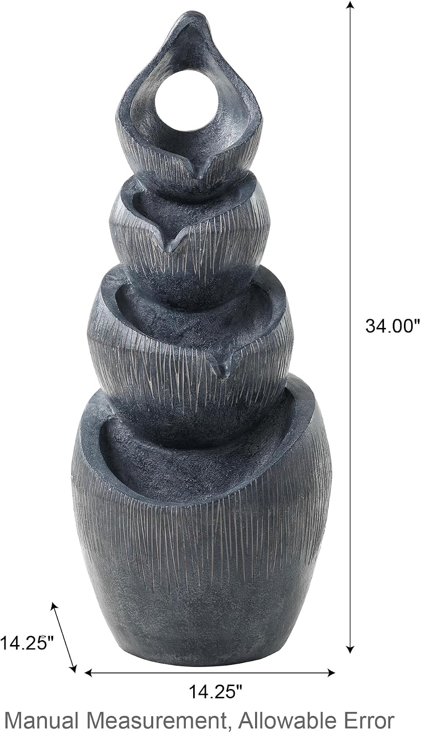 Glitzhome Outdoor Fountain with Lights & Pump, 34' H 4-Tiered Cascading Zen-Style Water Fountain Outdoor, Alms Bowl Polyresin Waterfall Water Feature for Garden, Patio, Yard, Deck Decor