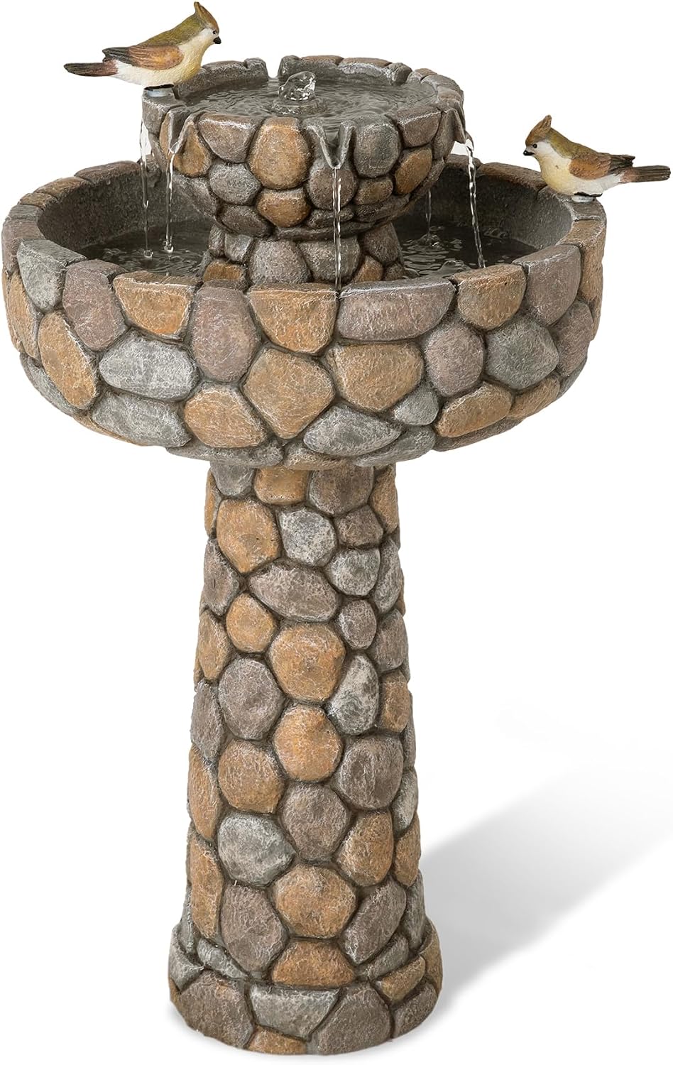 Glitzhome Water Fountain Outdoor with Birds Decor, 24.4'H 2-Tier Bird Bath Outdoor Fountain with Pump, Freestanding Garden Waterfall Fountains Water Feature