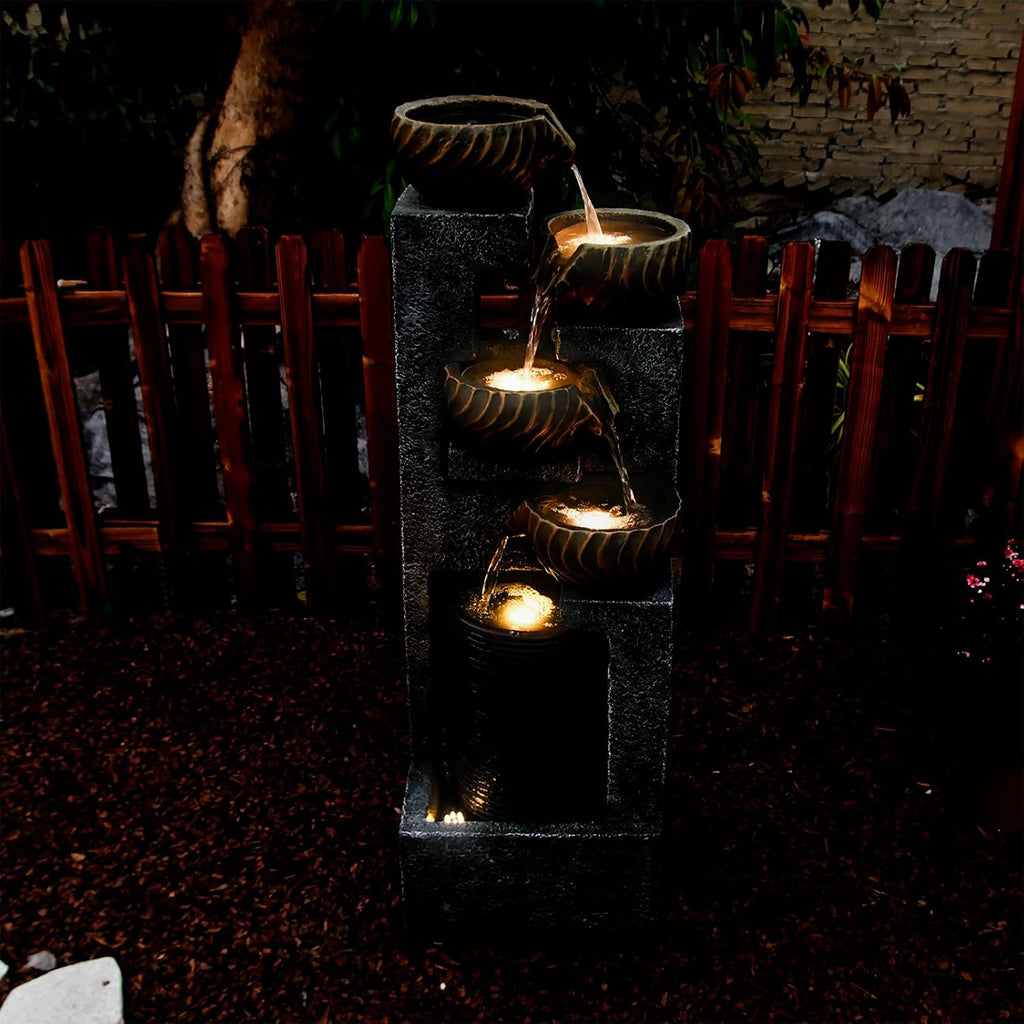 44.09''H Outdoor Garden Water Fountain with LED Lights Bowl Cascading Floor Standing Waterfall Fountains Indoor 5-Tiered Water Feature Decor for Backyard Lawn Porch Deck