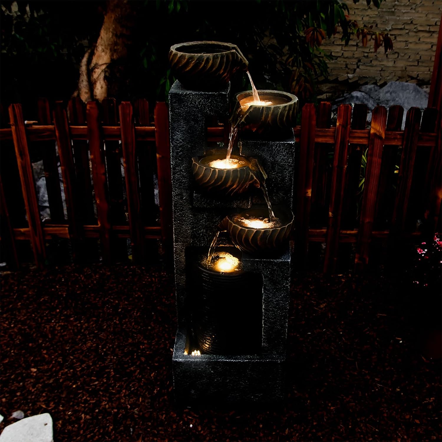 44.09''H Outdoor Garden Water Fountain with LED Lights Bowl Cascading Floor Standing Waterfall Fountains Indoor 5-Tiered Water Feature Decor for Backyard Lawn Porch Deck