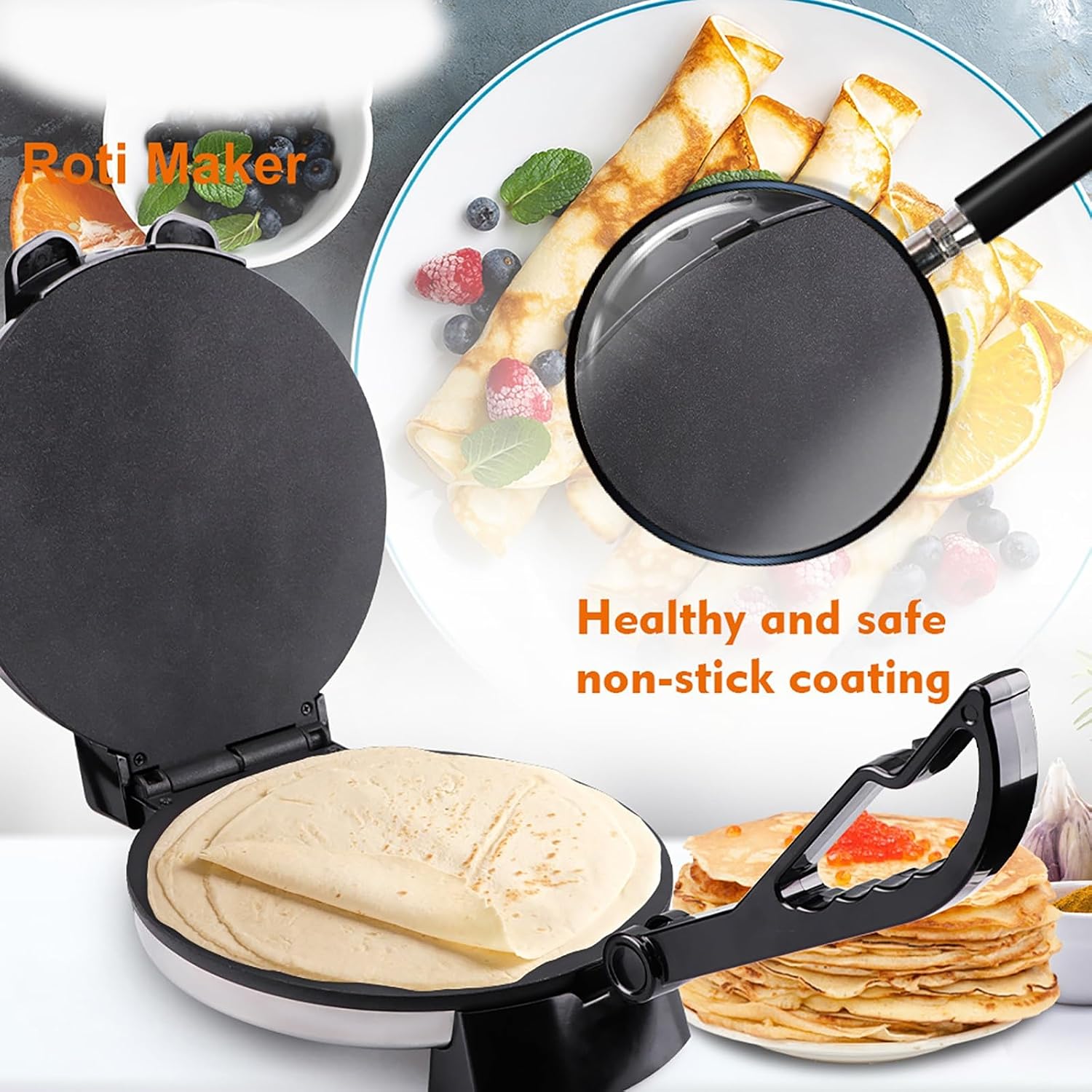 Electric Roti Maker– Non-Stick Chapati Press with Adjustable Temperature, Double-Sided Heating, Anti-Scald Handle & Indicator Lights, 10 Inch Tortilla Crepe Pancake Machine
