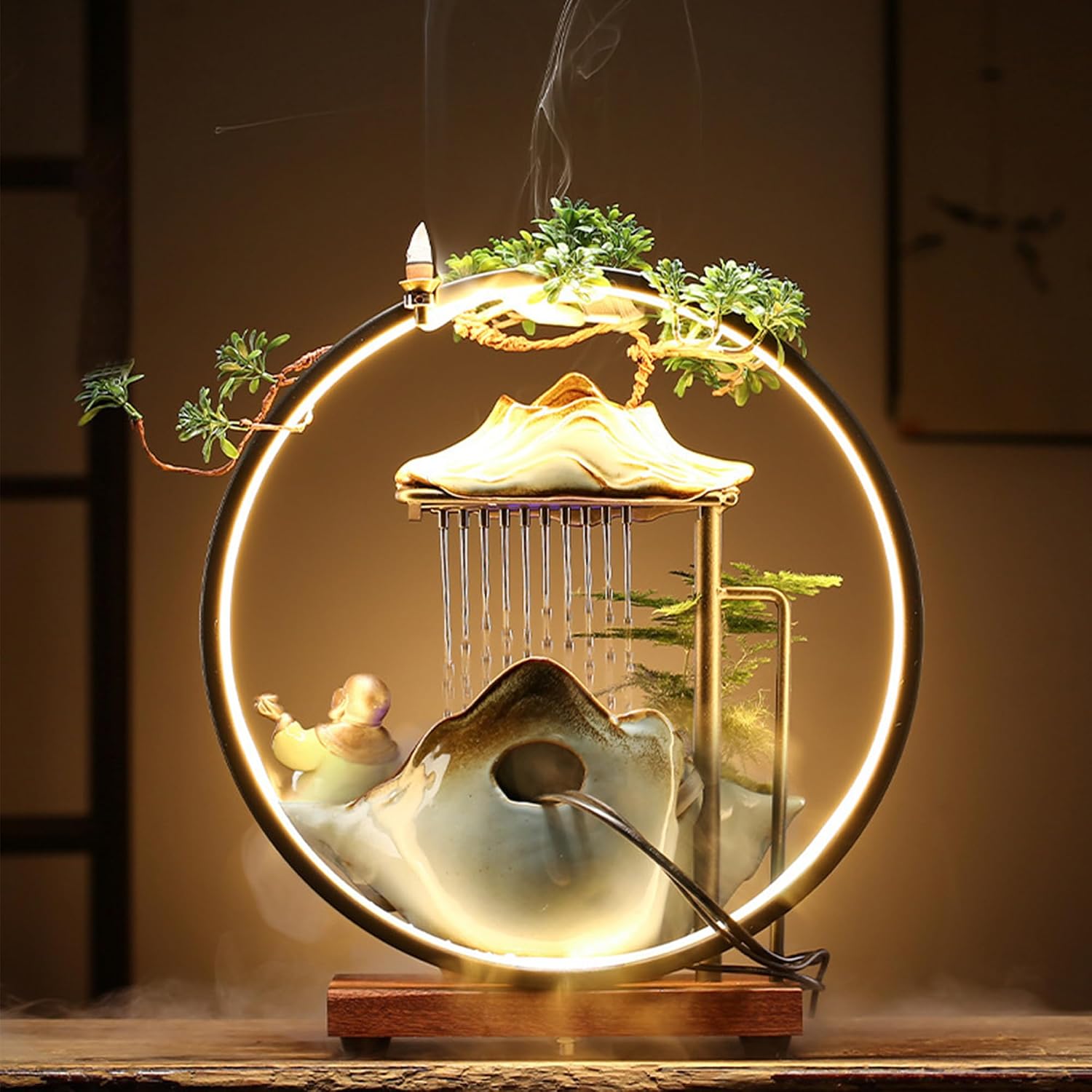 Ceramic Maitreya Buddha Incense Burner, Waterfall Lotus LED Light Ring Backflow Aromatherapy Ornament, with Incense Cones for Home Office Decor for Relaxation Yoga Gift (Buddha-3)