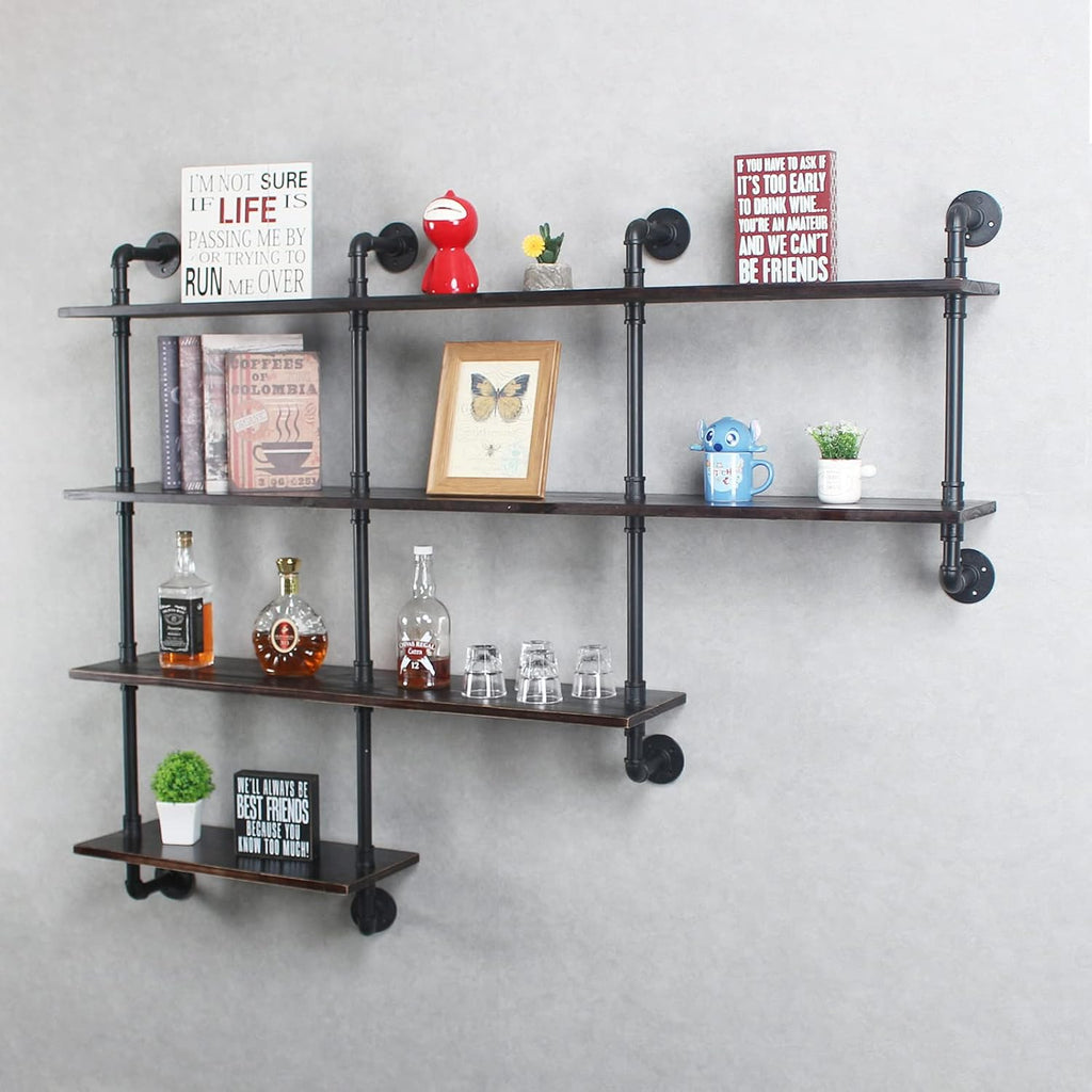 MBQQ 4-Tiers 63inch Industrial Pipe Shelving,Rustic Wooden&Metal Floating Shelves,Home Decor Shelves Wall Mount with Wine Rack,Decorative Accent Wall Book Shelf for Kitchen,Retro Black