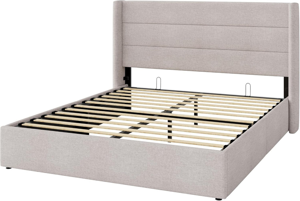SHA CERLIN Full Size Lift Up Storage Bed/Modern Wingback Headboard/Upholstered Platform Bed Frame/Hydraulic Storage/No Box Spring Needed/Wood Slats Support/Light Beige