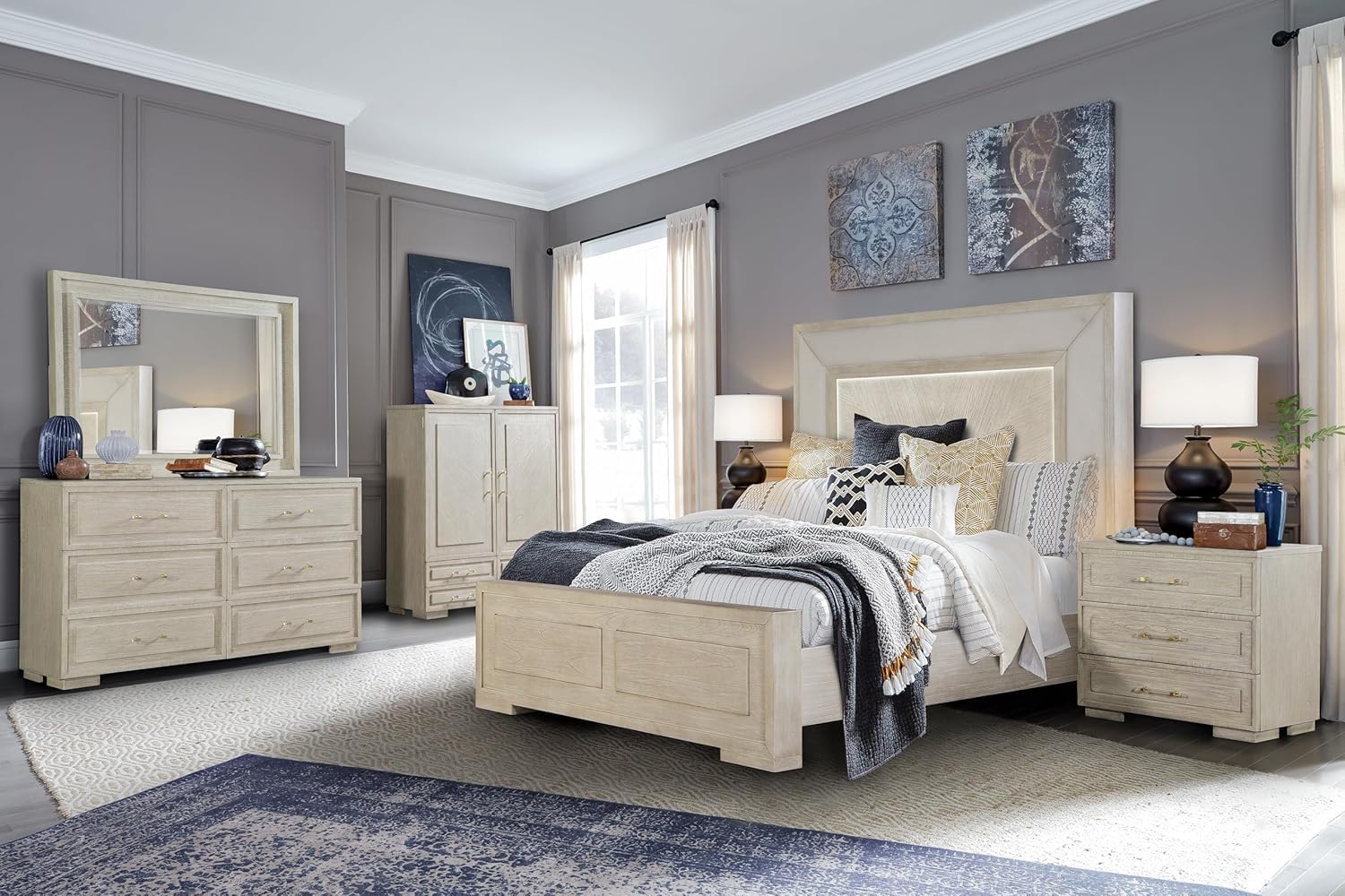 First of a Kind Celine Modern Nightstand - Wood Warm Finish Contemporary Bedside Table Clean Lines, Sleek Handles 32 Inch - Bedroom Furniture for Coordinated Interiors