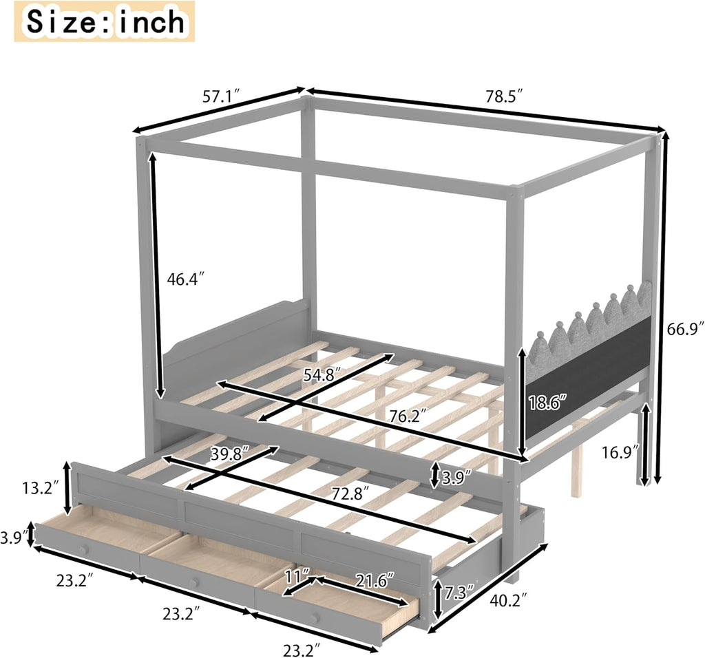 Full Size Wood Canopy Bed with Upholstered Headboard, Twin Size Trundle and 3 Drawers, No Box Spring Needed (Gray, Full)