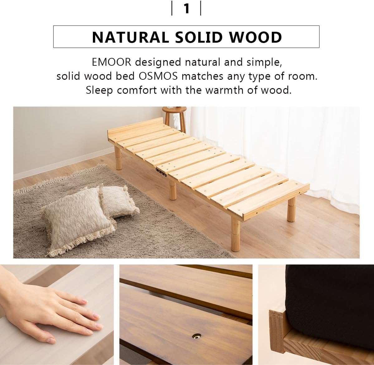 EMOOR Wood Slatted Floor Bed Frame OSMOS Daybed (26x73in) for Japanese Futon Mattress Solid Pine (Gray), Height Adjustable (2/7/12in) Tatami Mat