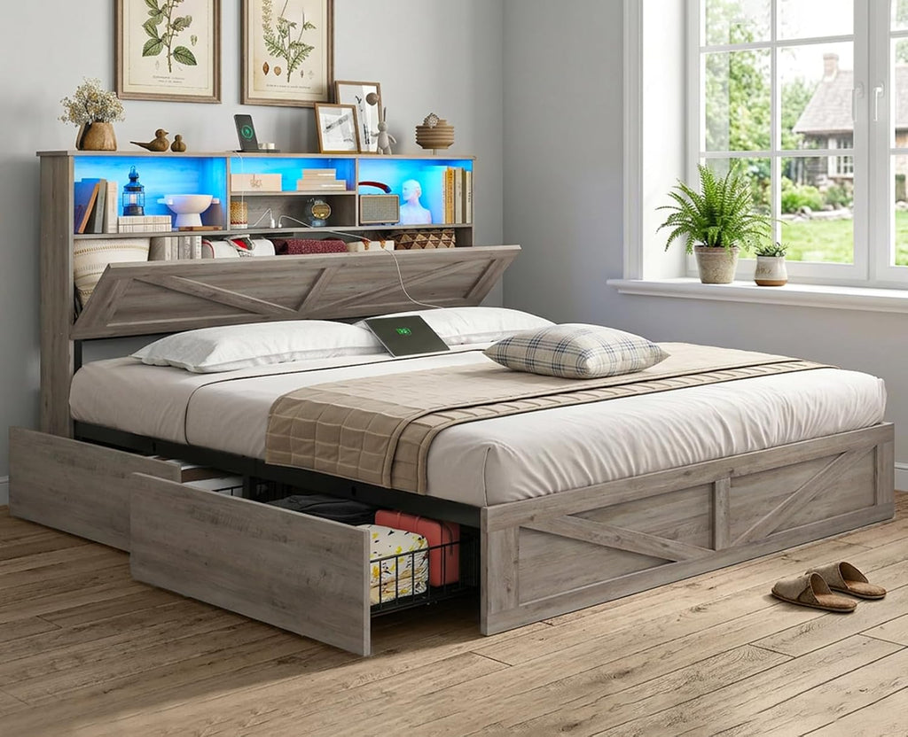 AOGLLATI Farmhouse Queen Bed Frame with 4 Storage Drawers and Led Lights, Wooden Bed Frame Queen Size with Hidden Space Bookcase Headboard and Led Lights & Metal Slats, Grey