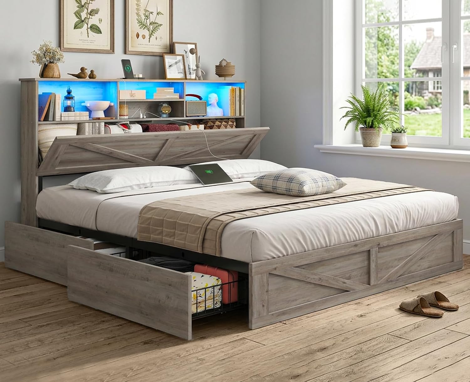 AOGLLATI Farmhouse Queen Bed Frame with 4 Storage Drawers and Led Lights, Wooden Bed Frame Queen Size with Hidden Space Bookcase Headboard and Led Lights & Metal Slats, Grey