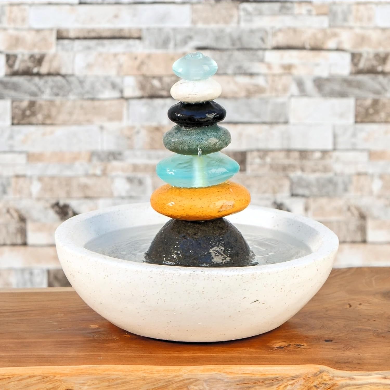Natural Septuple Rock Cairn Water Fountain with Glass - Indoor Tabletop Water Fountain - Natural Stone & Recycled Glass Water Feature for Home and Office Decor