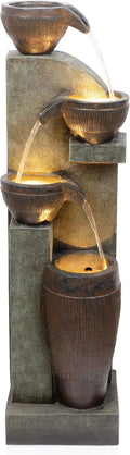 Alpine Corporation 40' Tall Indoor/Outdoor 4-Tier Fountain with LED Lights, Cascading Pot and Bowl Water Feature, Elegant Waterfall for Garden, Patio & Home, Brown