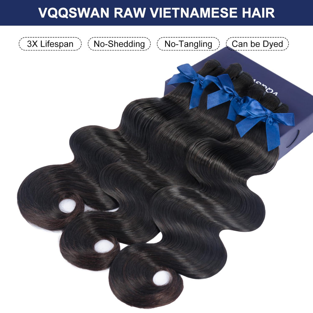 Raw Bundles Human Hair Body Wave, Bleachable & Dyeable, No Shedding, No Tangles, 15A Raw Vietnamese Hair Bundles, 12 12 12 Inches, 3X Longer Lifespan