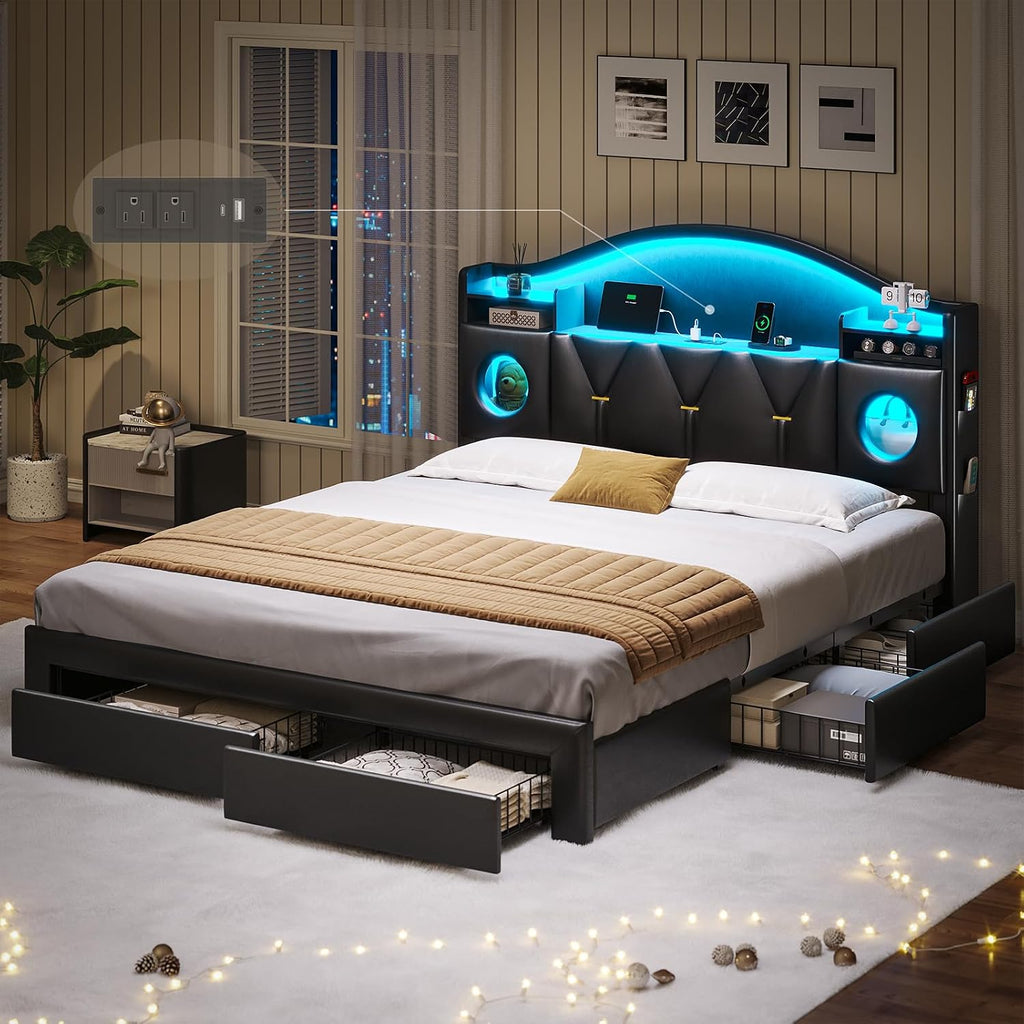 Queen Bed Frame with 6 Storage Drawers,Platform Bed Frame Queen Size with Headboard,LED Lights&Charging Station,Queen Bed with Metal Support, Noise-Free,No Box Spring Needed,Easy Assembly,PU Black