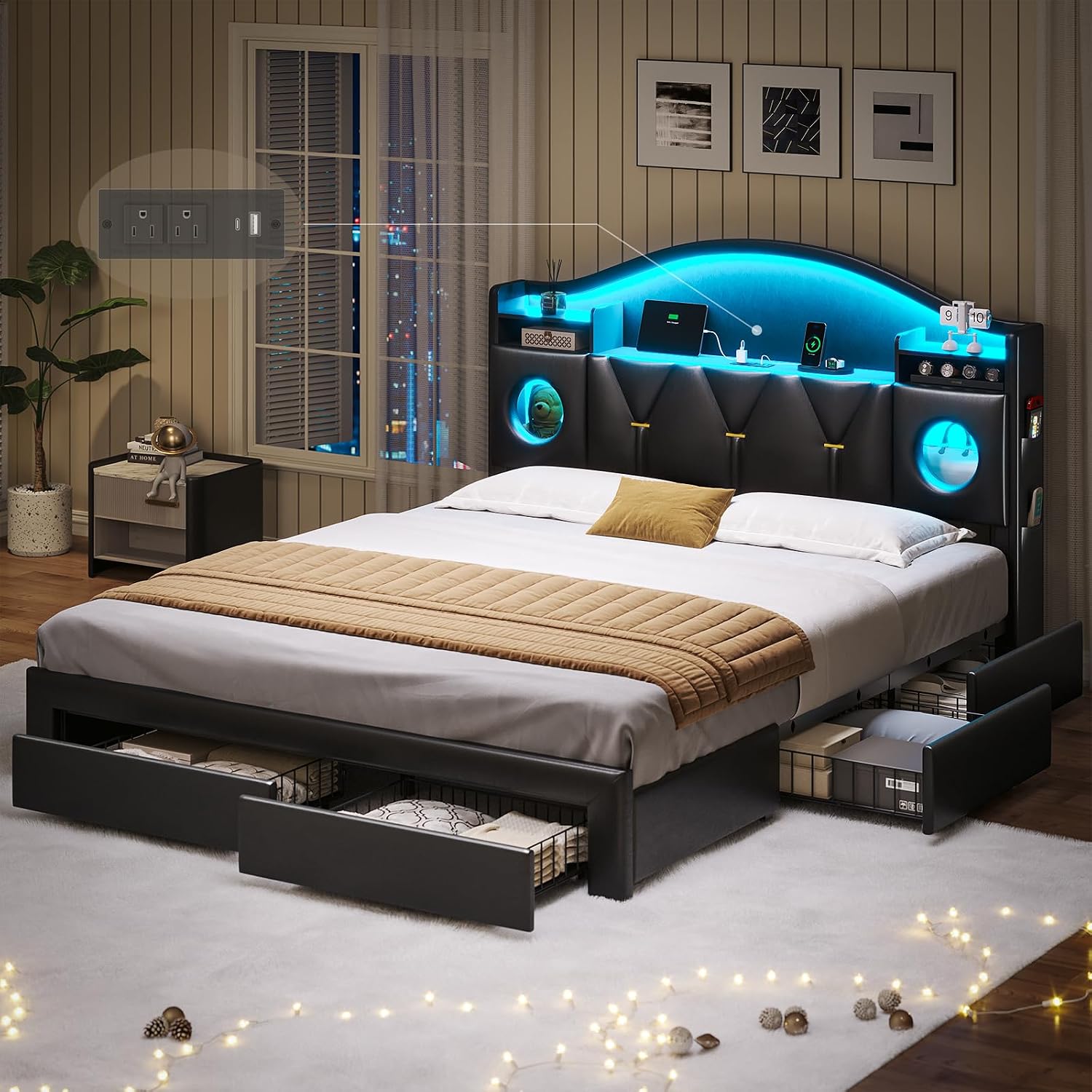 Queen Bed Frame with 6 Storage Drawers,Platform Bed Frame Queen Size with Headboard,LED Lights&Charging Station,Queen Bed with Metal Support, Noise-Free,No Box Spring Needed,Easy Assembly,PU Black