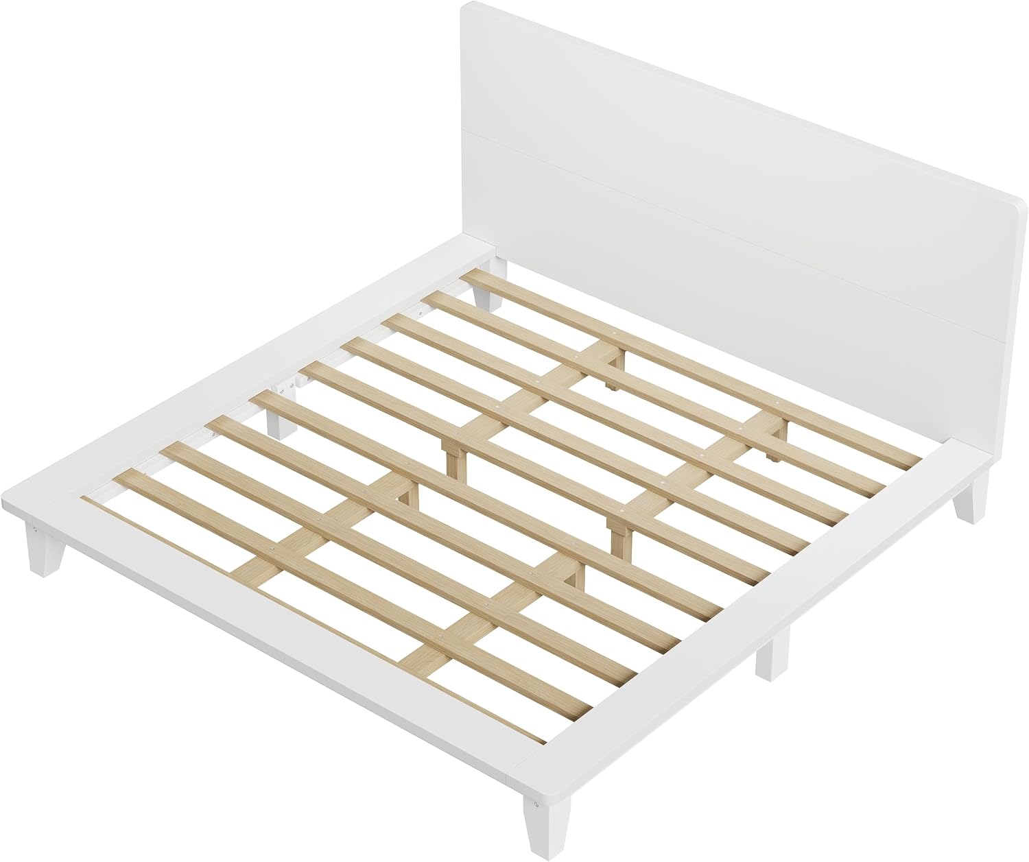 Merax King Size Solid Wood Platform Bed Frame, Modern Comfortable with Headboard, Slat Support, No Box Spring Needed, White