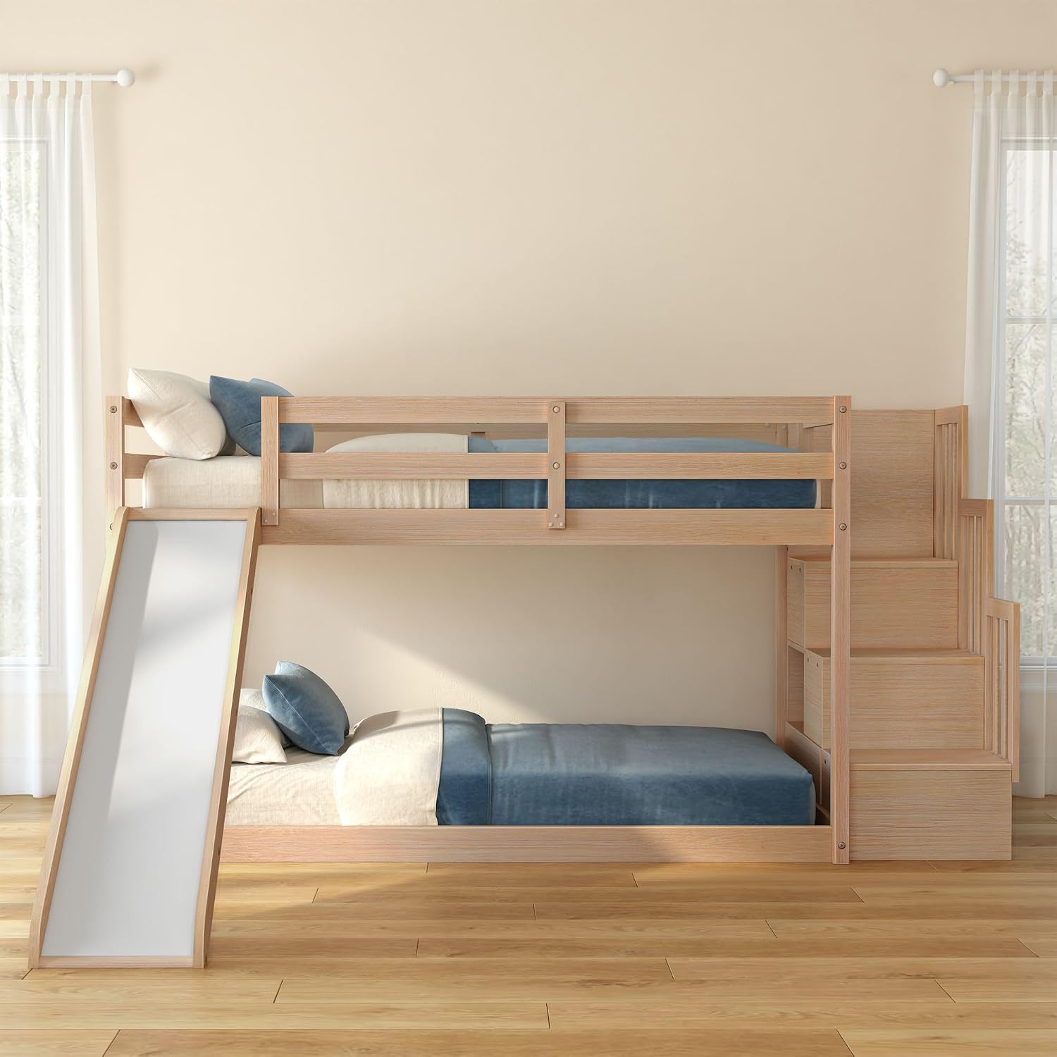 Grain & Grove Bear Twin Over Twin Bunk Bed with Slide and Staircase, Low Bunk Bed Frame for Kids, Bunk with Ladder, Guardrail, and Slats, No Box Spring Required, Oak Embossed Natural