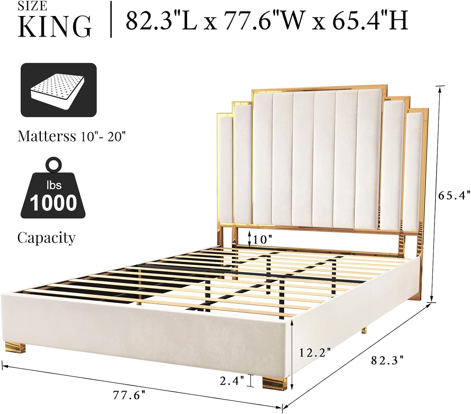 Albott King Size Platform Bed Frame, 65' Velvet Upholstered Bed with Gold Trim Headboard/Wooden Slats/No Box Spring Needed/Cream