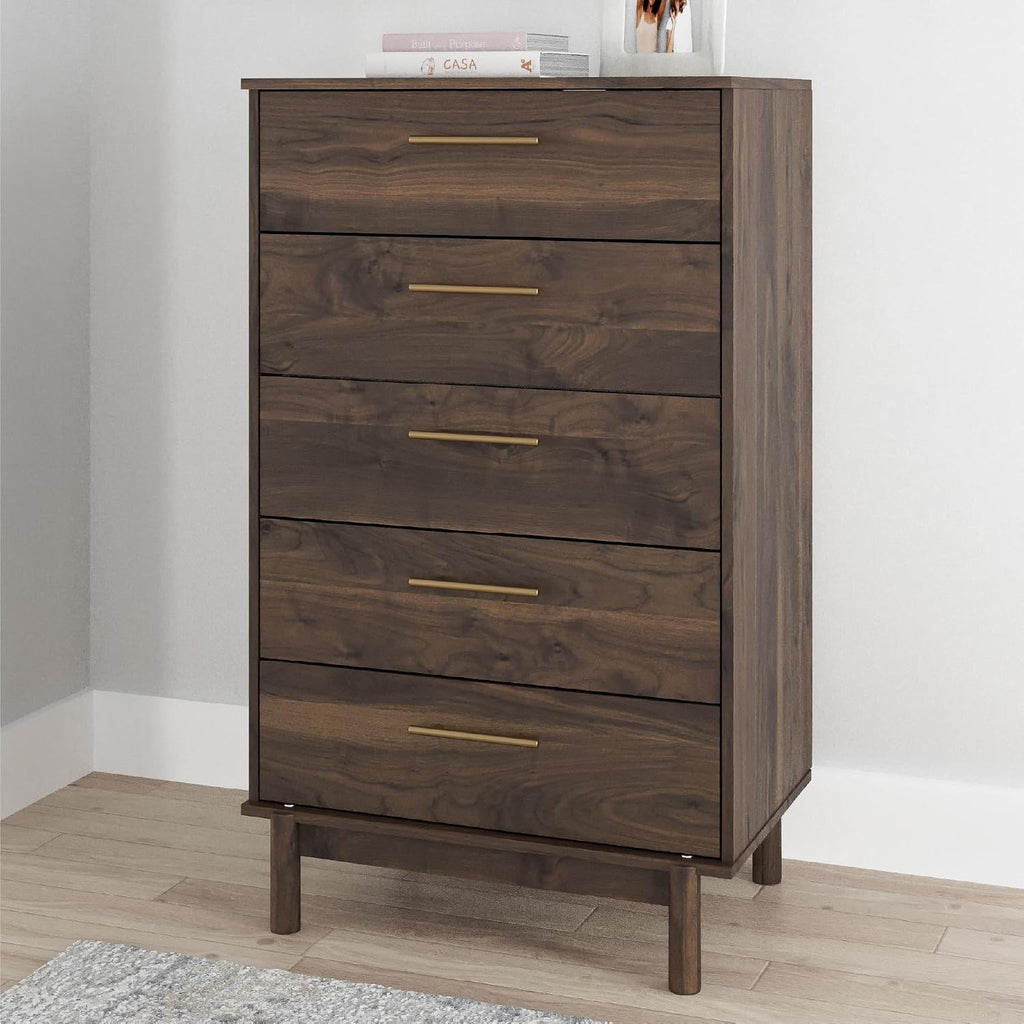 Signature Design by Ashley Calverson Contemporary 5 Drawer Chest of Smooth-Gliding Drawers and Safety Stop, Dark Brown