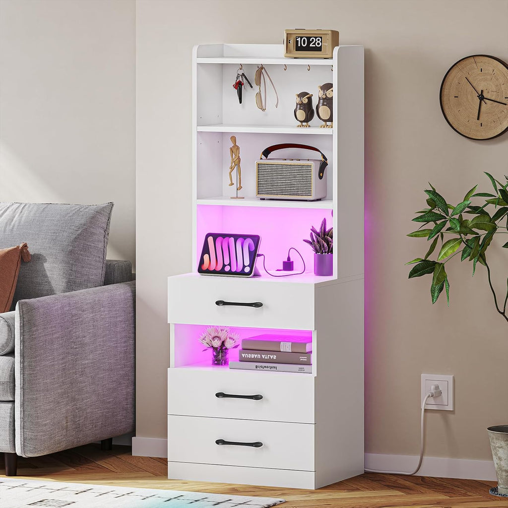 VIAGDO Tall Nightstand Set of 2 with Charging Station and LED Lights, White Night Stand Set 2 with Bookshelf, Modern LED Bedside Tables with 3 Drawers and Storage Shelves, Side Tables for Bedrooms
