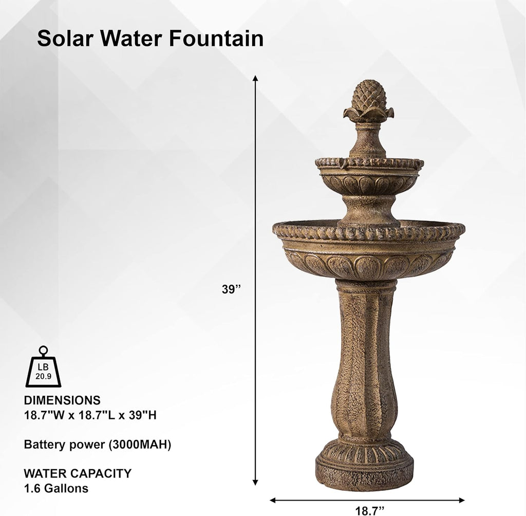 XBrand 39' Solar Water Fountain, 2-Tier Outdoor Sand Stone Resin with Solar Panel & Pump for Home Garden Yard Decor