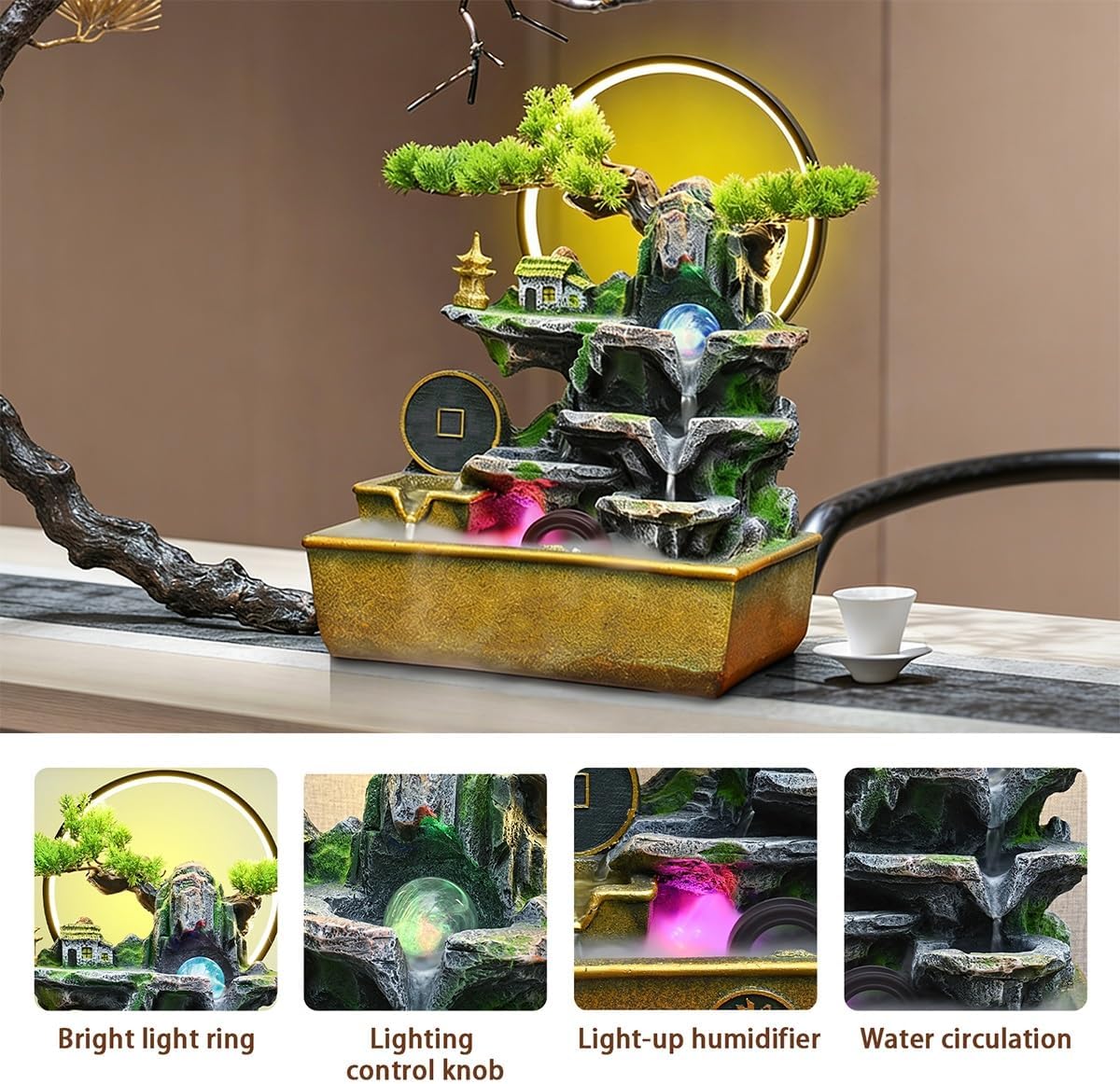 Table Fountain, Waterfall Tabletop, Fountains Indoor, Water Fountain Indoor Decoration, Relaxing Nature Feeling, for Office, Bedroom, Living Room