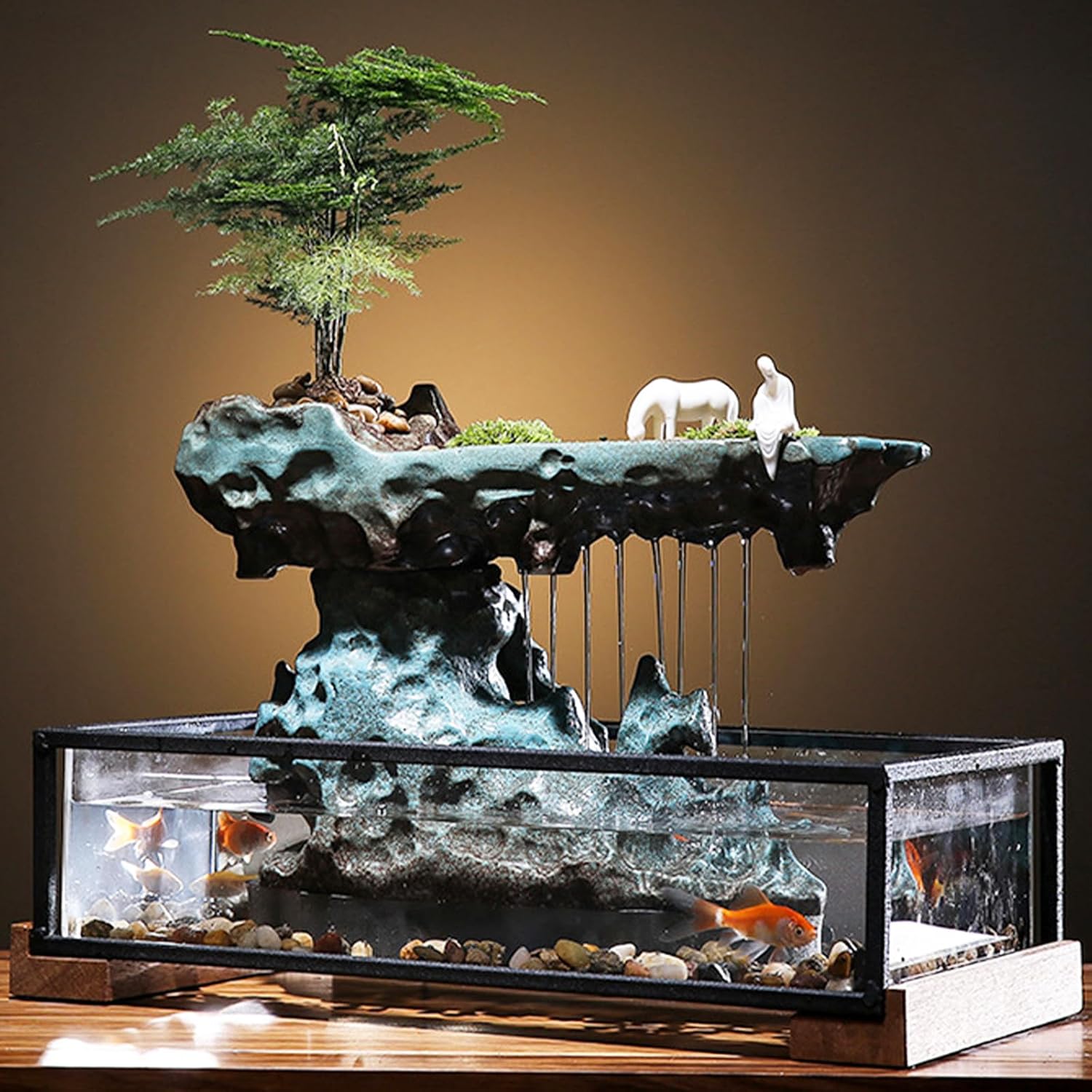 Fountain Waterfall Tabletop with Automatic Pump & Fish Tank Ceramic Tabletop Water Fountain Indoor Zen Relaxation Creative Home Decor for Office, Living Room, or Bedroom (TYPE2)