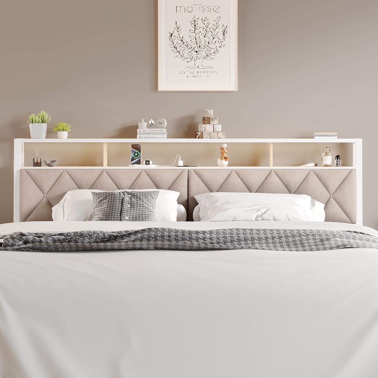 King Headboard Only, Headboard for King Size Bed with Storage, Upholstered Headboards with LED Lights & Charging Station, Attach Frame, Ideal for Bedroom/Dorm/Guest Room, White & Beige