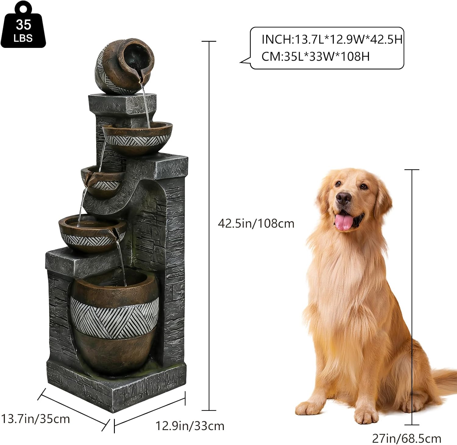 Naturefalls 42.5' Tall Outdoor Water Fountain and Waterfalls - Large Garden Fountain with LED Lights, 5-Tier Cascading, Indoor and Outdoor Fountains for Garden, Patio, Deck, Porch, Backyard and Home