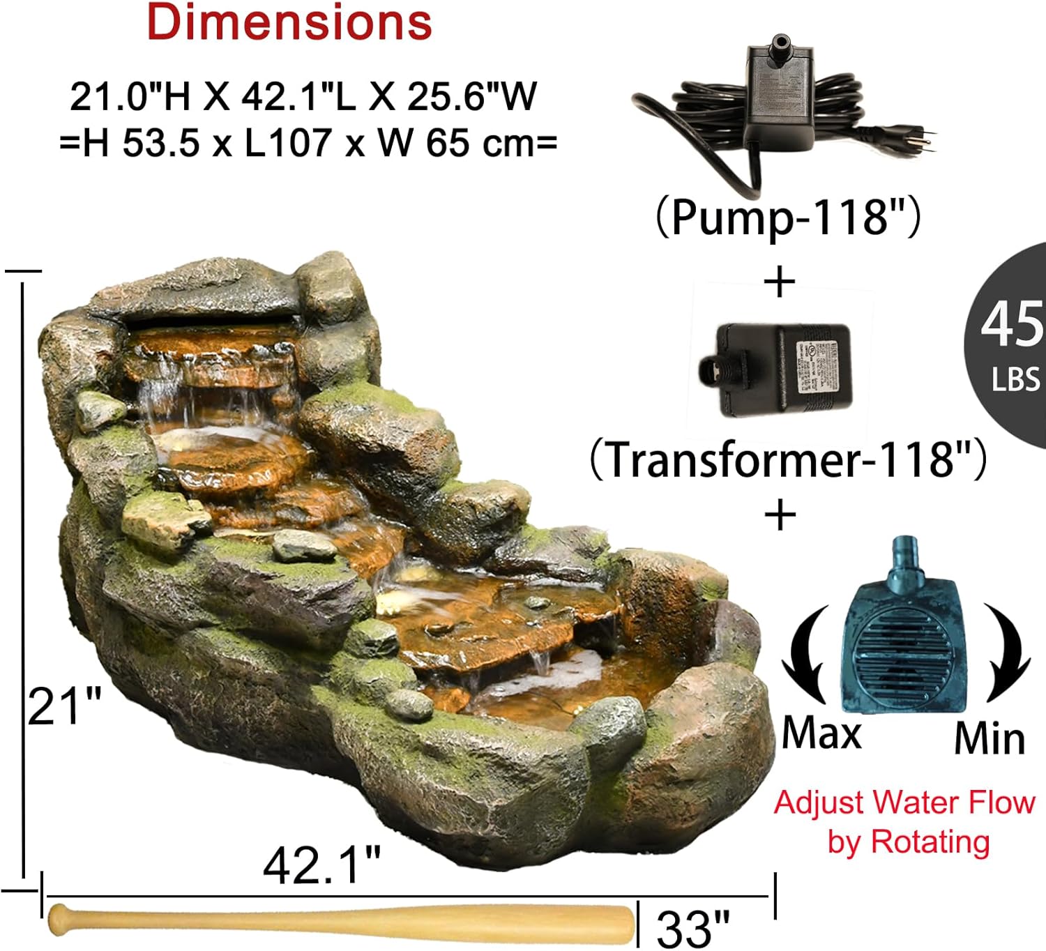 Bumilgar Garden Outdoor Water Fountain, 42.1' L Floor Standing Tiered Rock Outdoor Fountains with LED Lights and Pump for Garden, Backyard, Deck, Patio, Porch and Home Art Decor
