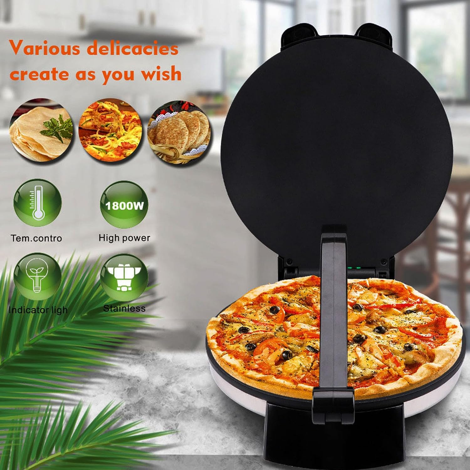 Electric Roti Maker Double-Sided Heating, 10-Inch Non-Stick Chapati & Tortilla Machine with Adjustable Temperature for Pizza, Pita, Quesadillas & Mor