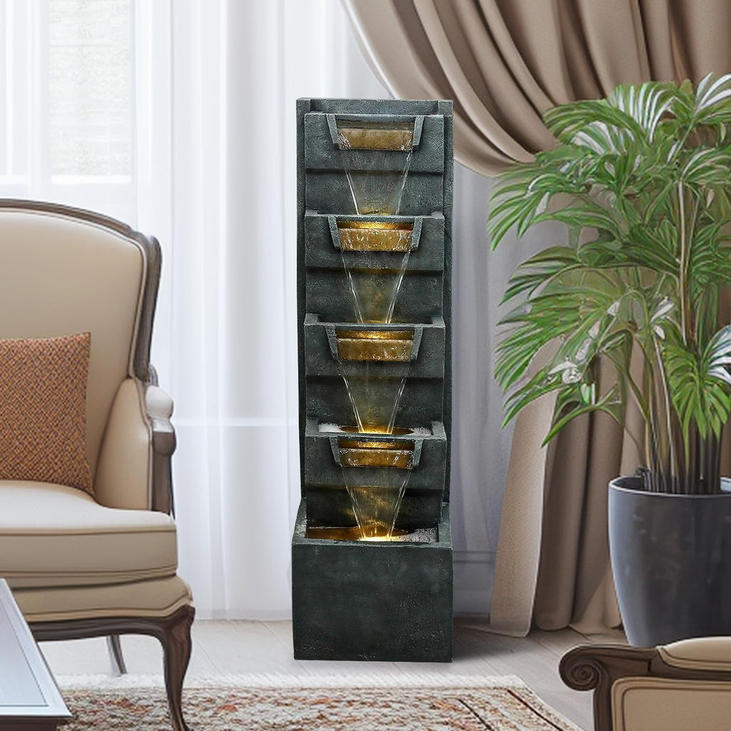 SunJet 4-Tiers Modern Cascading Indoor/Outdoor Fountains and Waterfalls with LED Lights - 39.3' High Large Water Fountain for Garden, Patio, Yard, and Deck Decor - Relaxing Water Fountain Outdoor