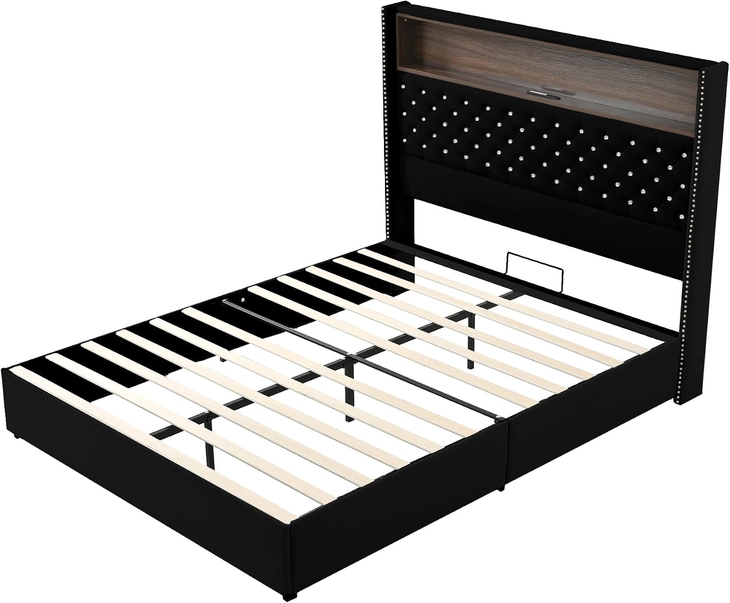 Queen Size Bed Frame with Storage, Velvet Tufted Soft Bed Frame with 52'' High Headboard with Rivet Decoration, Wing-back Platform Bed with Headboard Shelf, No Box Spring Needed (Black,Queen,42)
