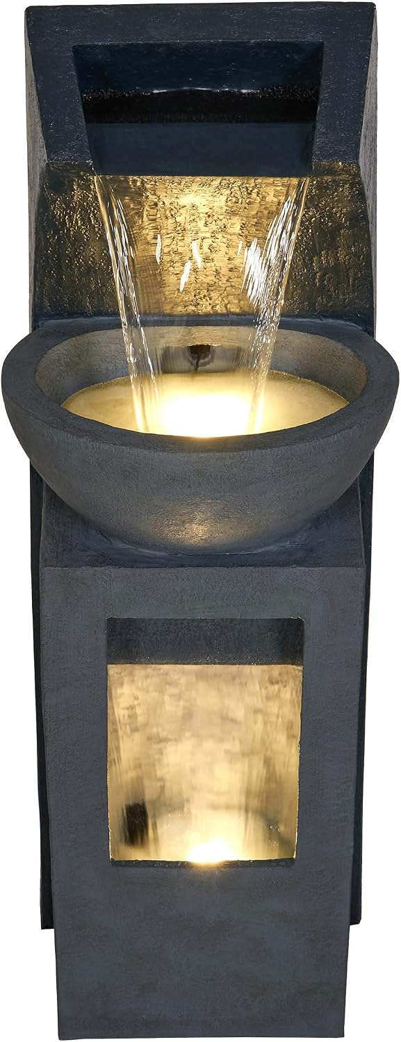 Alpine Corporation 41' Tall Outdoor Basin Waterfall Floor Fountain with LED Lights for Garden, Patio, Lawn and Backyard Decor, Gray