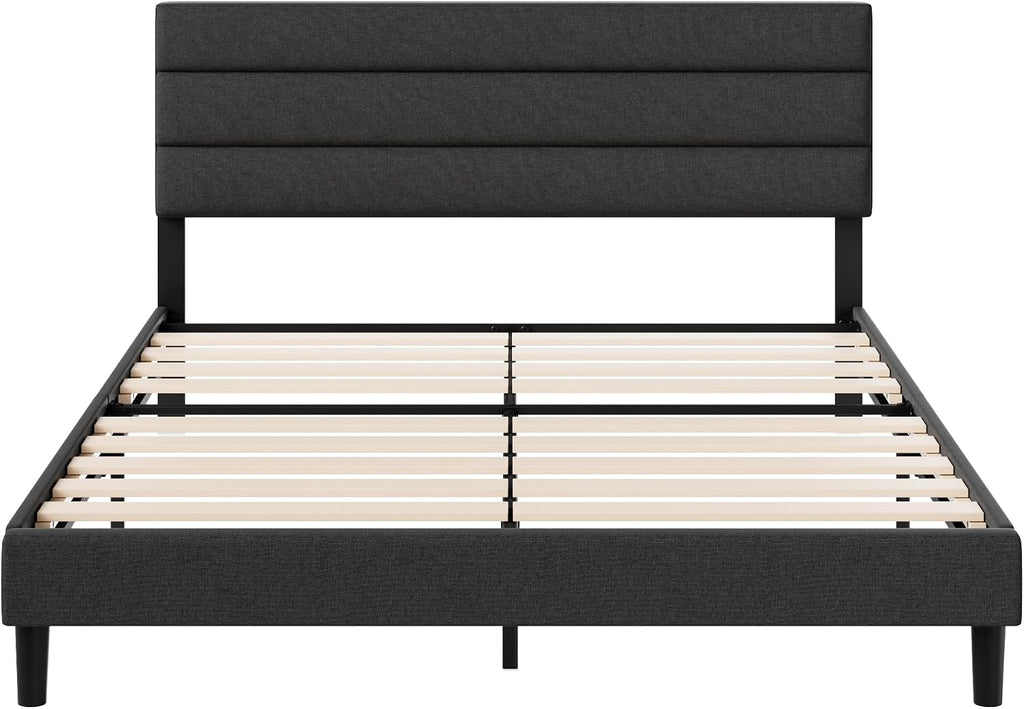 Zinus King Piper Upholstered Platform Bed with Horizontal Paneled Headboard, Wooden Slat Support, No Box Spring Needed, Easy Assembly, Eco Friendly Packaging, Dark Grey