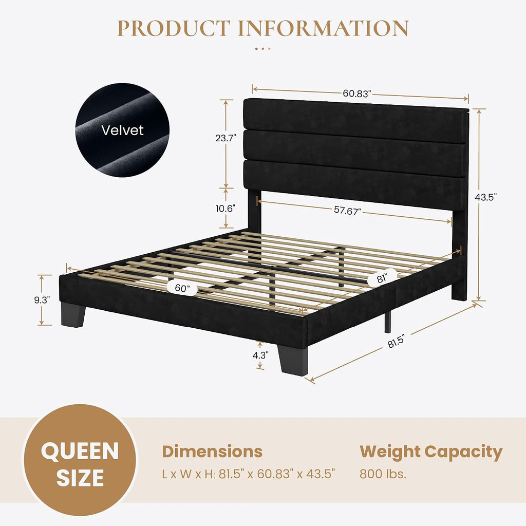 SHA CERLIN Queen Platform Bed Frame with Velvet Upholstered Headboard, Mattress Foundation with Strong Wooden Slats Support, No Box Spring Needed, Black