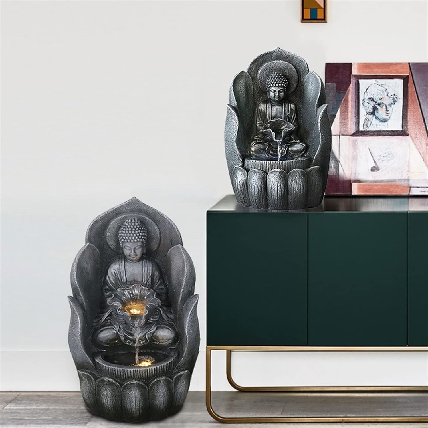 Indoor Water Fountain Tabletop Fountains Desktop Lucky Buddha Statue Flowing Water Fountain Living Room Entrance Decoration Home Decoration Landscape Decoration Meditation Fountain (Size : Brass) ( )