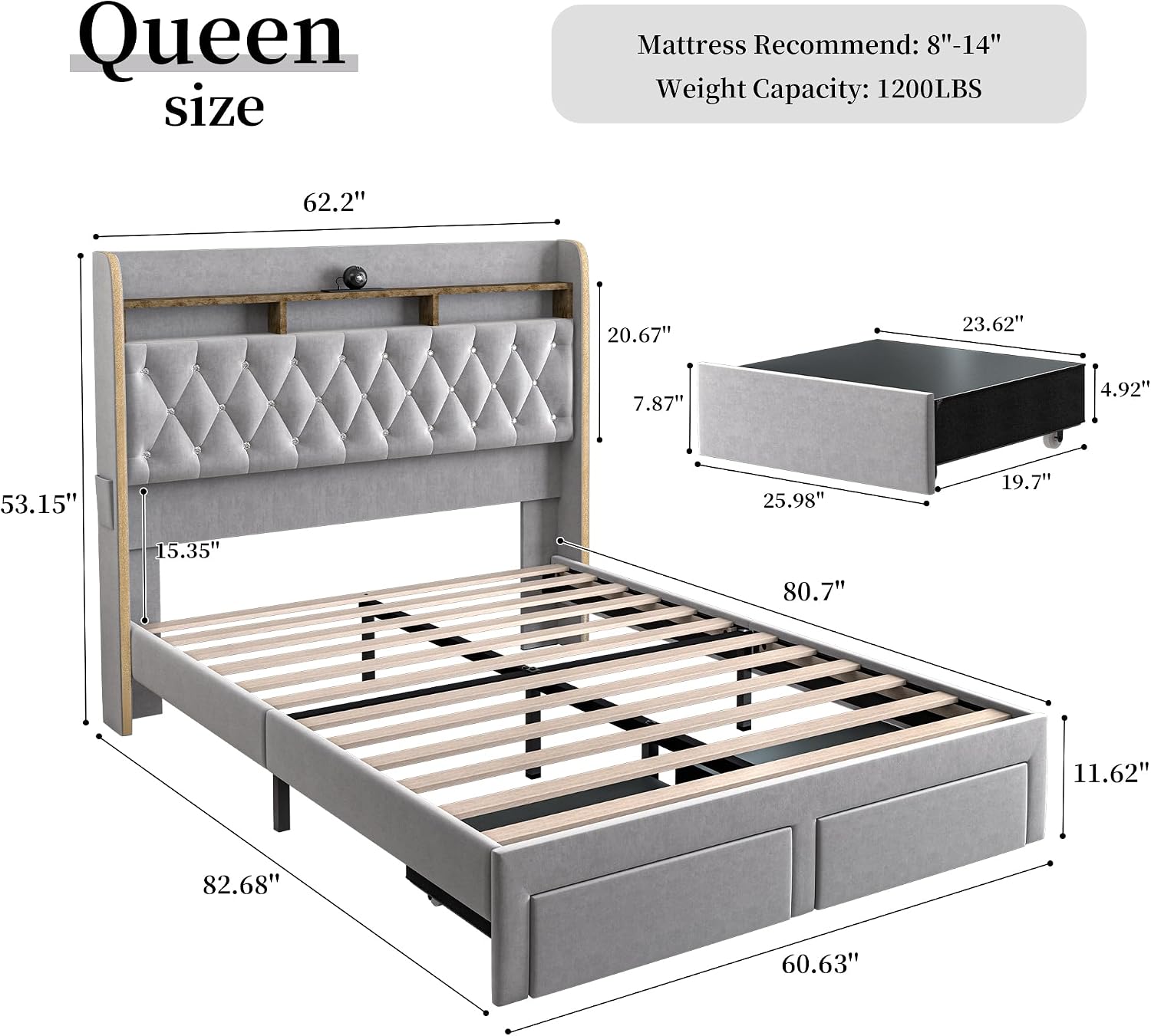 SIBEDS Queen LED Bed Frame with Storage Drawers, Velvet Upholstered Platform Beds with Galaxy Star Projector Charging Station, Aurora Bedframe with 2-Tier Storage Headboard, No Box Spring Needed, Grey