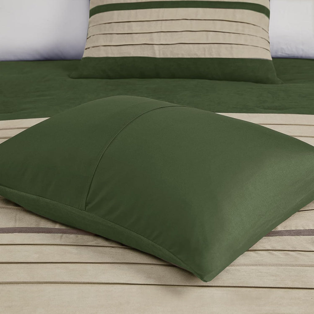 Madison Park Cozy Comforter Set-Luxury Faux Suede Design, Striped Accent, All Season Down Alternative Bedding, Matching Shams, Decorative Pillow, Green, California King (104 in x 92 in)